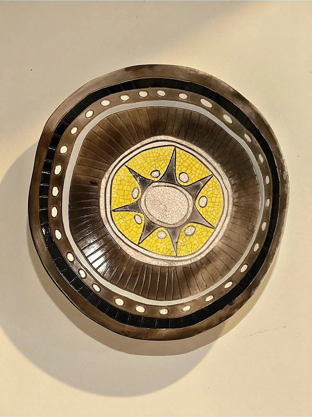 MCM Starburst Ceramic Brown & Yellow Geometric Wall Hanging Decorative Plate